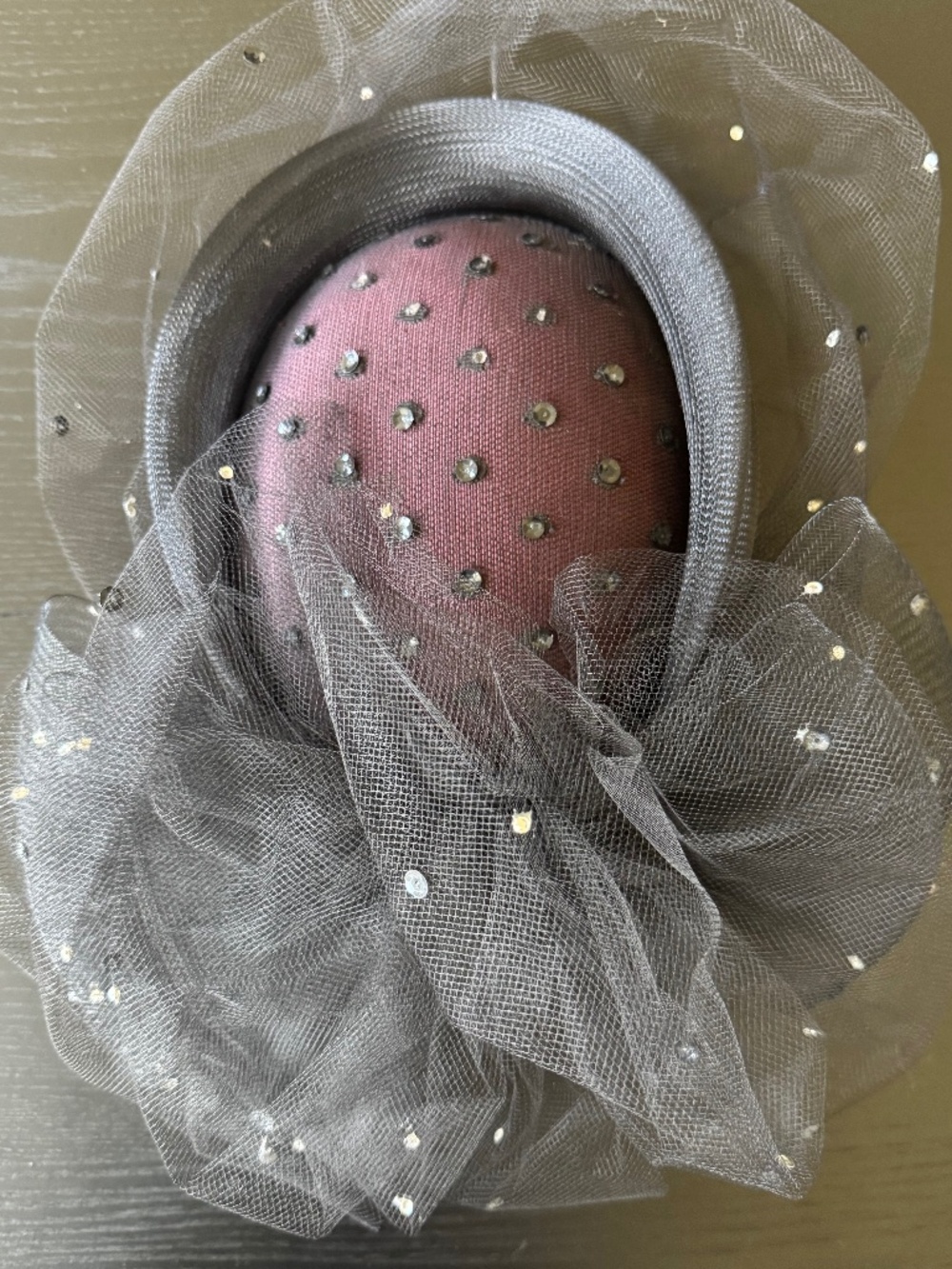 Whittall & Shon Vintage Burgundy & Black Fascinator Hat with Veil Sequins